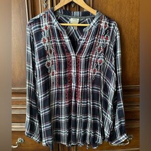 Knox Rose Black and Red Plaid Blouse with Embroidery